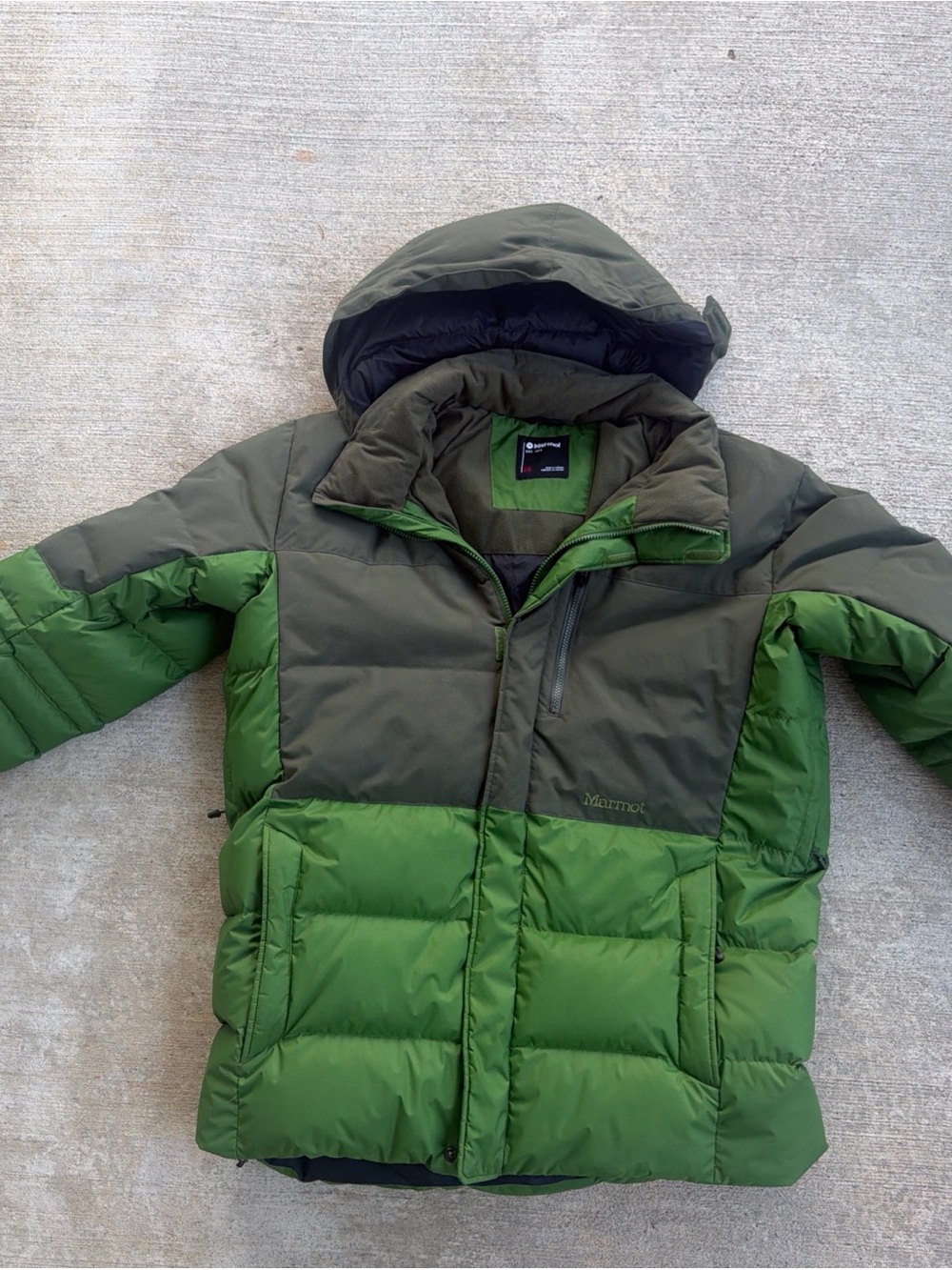 Marmot Men’s Shadow Puffer Down 700 Fill Foliage/Nori Parka Hoodie Size XXL